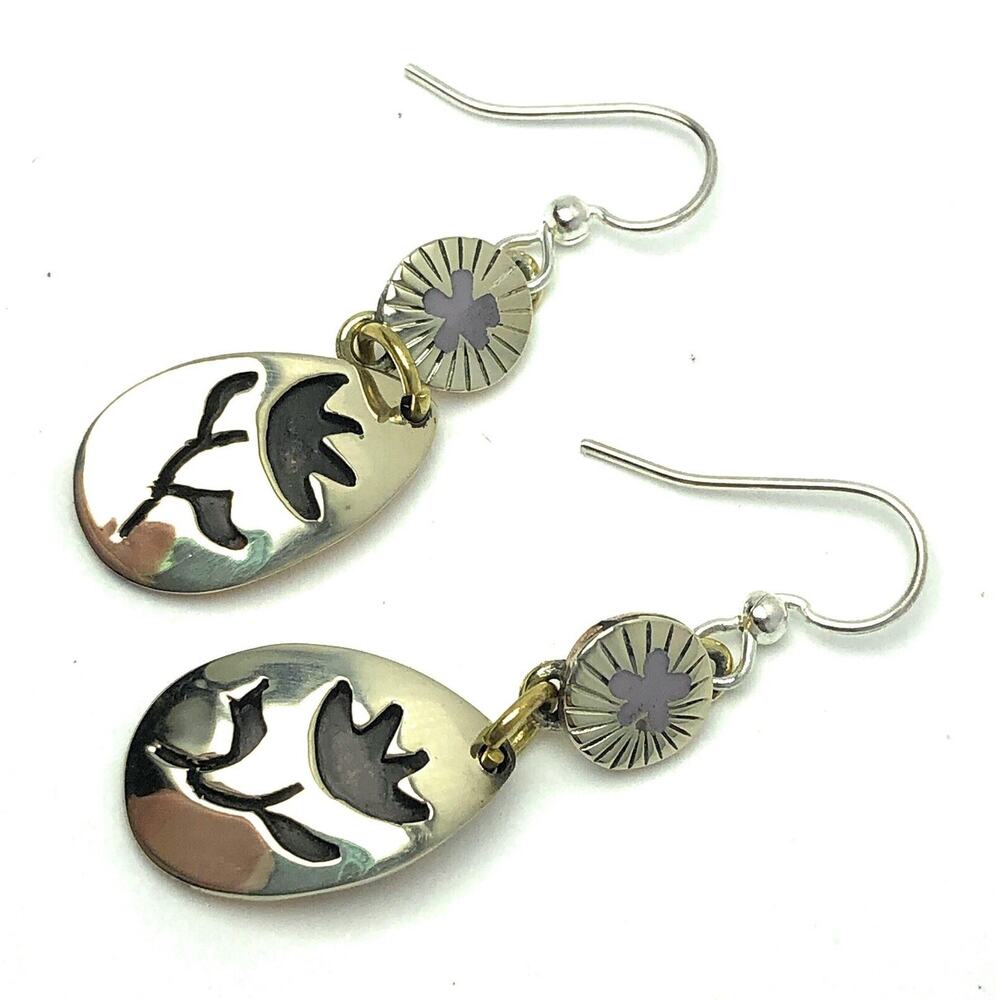 Far Fetched Cutout Flower Dangle Earrings Handmade Silver Plated - Picture 2 of 7